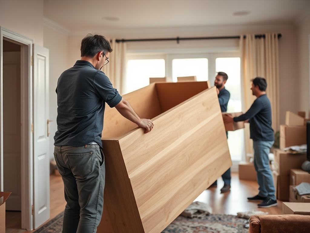 A close-up shot of a professional moving team efficiently emptying a room. The focus is on a team member carefully lifting a piece of furniture, showcasing their dedication and skill. The background features a partially cleared room, with boxes and other items neatly organized, and warm, inviting lighting that emphasizes a sense of trust and reliability.