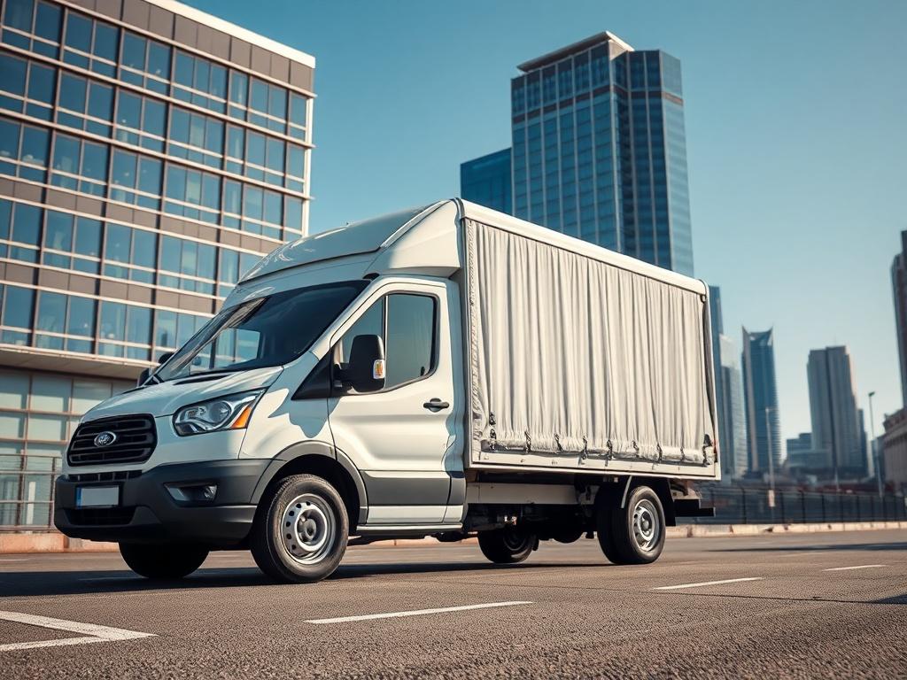 A realistic high-resolution photo of a curtain side van parked in an urban environment. The van should be prominently displayed in the foreground, showcasing its features such as the curtains and spacious loading area. The background should include a cityscape with modern buildings and a clear blue sky, emphasizing the van's utility for transportation and logistics. The composition should be simple and clear, focusing on the van as the main subject.