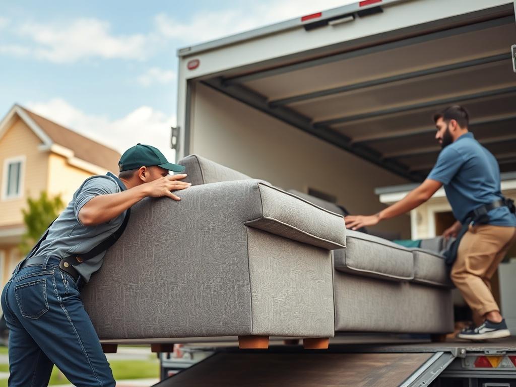 A close-up shot of a furniture delivery team carefully unloading a sofa from a moving truck, showcasing their professionalism and attention to detail. The background should be a suburban home with a clear sky, emphasizing a friendly and approachable atmosphere. The focus should be on the team and the sofa, highlighting their expertise in furniture handling and assembly.