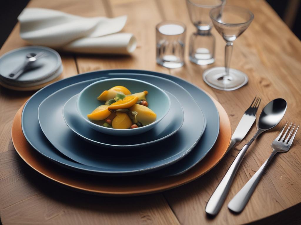 A hyper-realistic close-up shot of a beautifully arranged kitchenware set, showcasing elegant plates, cutlery, and glassware on a wooden table. The focus is sharp, capturing the texture and details of each item, with soft natural lighting enhancing the colors. The background is softly blurred to emphasize the kitchenware, and the primary color scheme features shades of blue that complement the products.