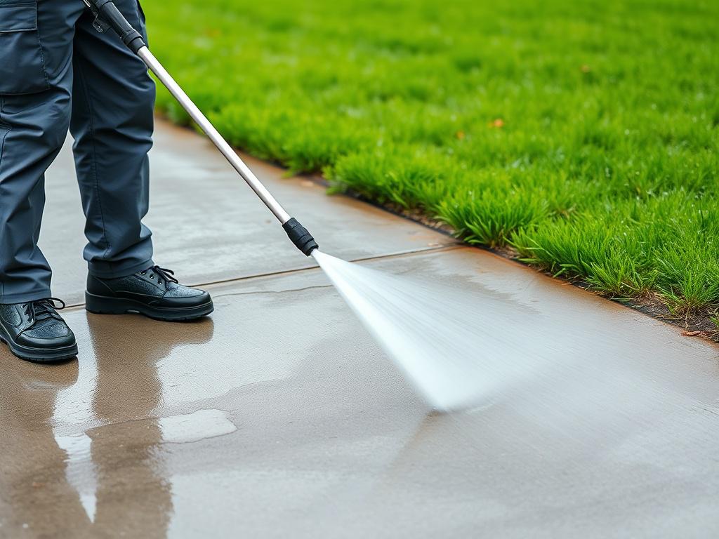 A close-up shot of a professional using a pressure washer on a clean concrete driveway, water spraying powerfully, with fresh green grass in the background, hyper-realistic photo, 45mm f/1.2 lens style, rgb(50, 170, 39) color tone.