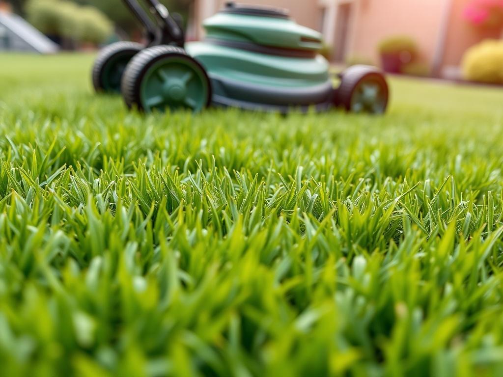 A close-up shot of a freshly mowed lawn with perfectly lined grass stripes, showcasing the lush green color. A lawn mower is partially visible in the foreground. The image should be realistic and hyper-realistic, taken with a 45mm f/1.2 lens.