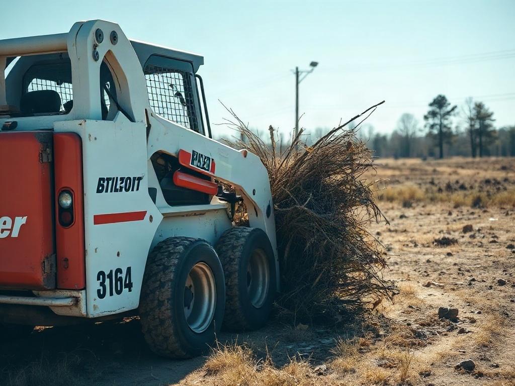 A realistic close-up shot of a skid steer clearing land, with the focus on the machine in action, removing brush and debris from a property. The background should show a clean, open space with some scattered trees and a clear blue sky. The image should capture the power and efficiency of the land clearing process, emphasizing the transformation of the landscape.