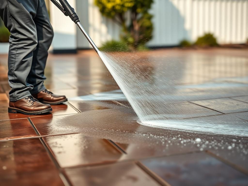 A professional using a standard pressure washer to clean a driveway or patio, showcasing effective exterior cleaning service. The scene should focus on the individual in action, with water spraying off the surface, and dirt being removed. The background should be clear and simple, emphasizing the cleaning process. The image should have a hyper-realistic style, shot with a 45mm f/1.2 lens, capturing the vibrant details of the pressure washer and the cleanliness of the surface being washed.