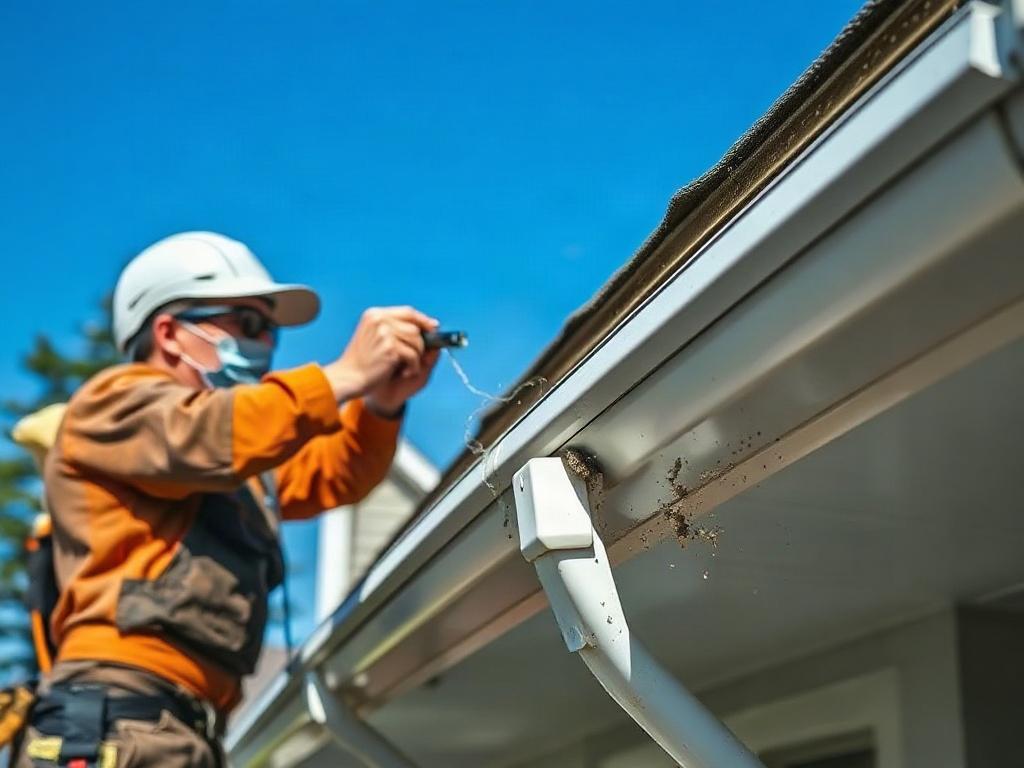 A hyper-realistic close-up shot of a professional cleaning gutters, showcasing clear blue skies above. The image captures the technician in action, removing debris with a tool, with a focus on the clean gutter. The background shows a well-maintained house and trees, emphasizing the importance of gutter maintenance in a beautiful landscape.