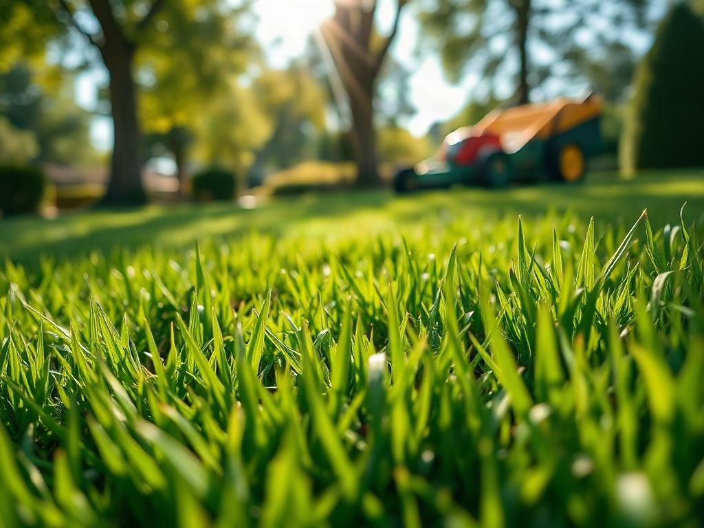 A hyper-realistic close-up shot of a freshly mowed lawn, showcasing perfectly cut grass. The image captures the vibrant green color and texture of the lawn, with a lawn mower in the background. Sunlight filters through nearby trees, creating a serene atmosphere that highlights the beauty of a well-maintained yard.