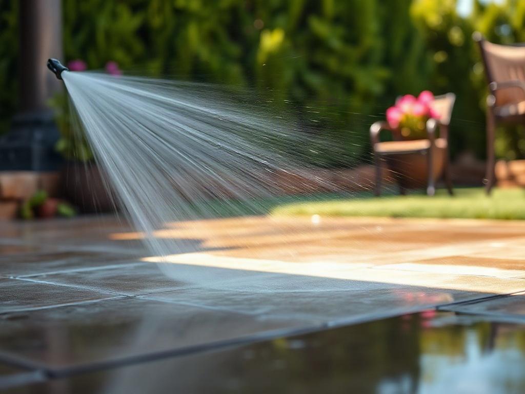 A hyper-realistic close-up shot of a pressure washing process in action, showcasing a vibrant patio being cleaned. The focus is on the powerful spray of water removing dirt and stains from the surface. The background is blurred to emphasize the cleaning action, with lush greenery partially visible, representing a well-maintained yard.