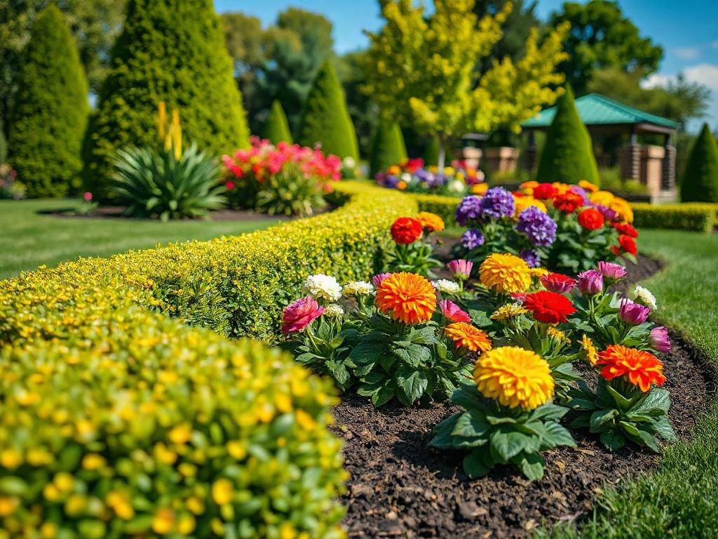 A vibrant and well-maintained landscape featuring a mix of colorful seasonal flowers, neatly trimmed hedges, and a freshly mulched flower bed. The scene should showcase a clean and tidy yard with a clear blue sky in the background, emphasizing the beauty of the landscaping. The composition should focus on the flower bed and surrounding greenery, capturing the essence of a professionally designed outdoor space.