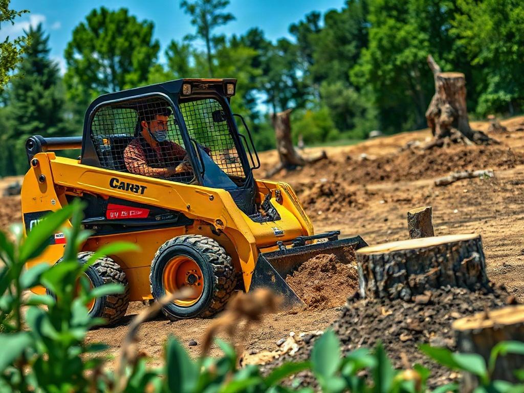 A realistic high-resolution photo of a skid steer clearing land, with a focus on a team member operating the machinery. The background features a cleared area with stumps and debris being removed. The composition should emphasize action and professionalism, showcasing the effectiveness of land clearing services. The colors should be vibrant, with lush greenery and a clear blue sky, ensuring the primary color rgb(4, 128, 50) is represented in the foliage.