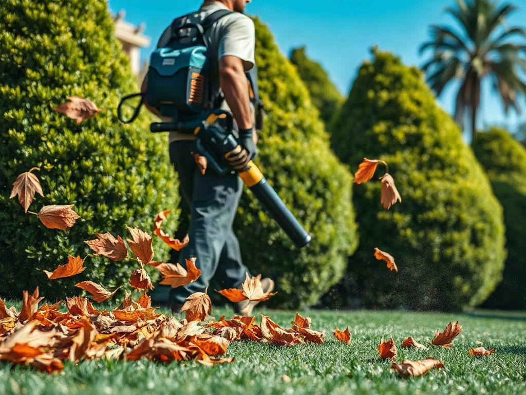 A professional landscaper using a backpack blower to clean up leaves in a vibrant, well-maintained garden. The scene captures the landscaper in action, with fallen leaves swirling around. The background features lush green shrubs and a clear blue sky, emphasizing the cleanliness and beauty of the outdoor space. The focus is sharp on the landscaper and the blower, showcasing the efficiency of the service.
