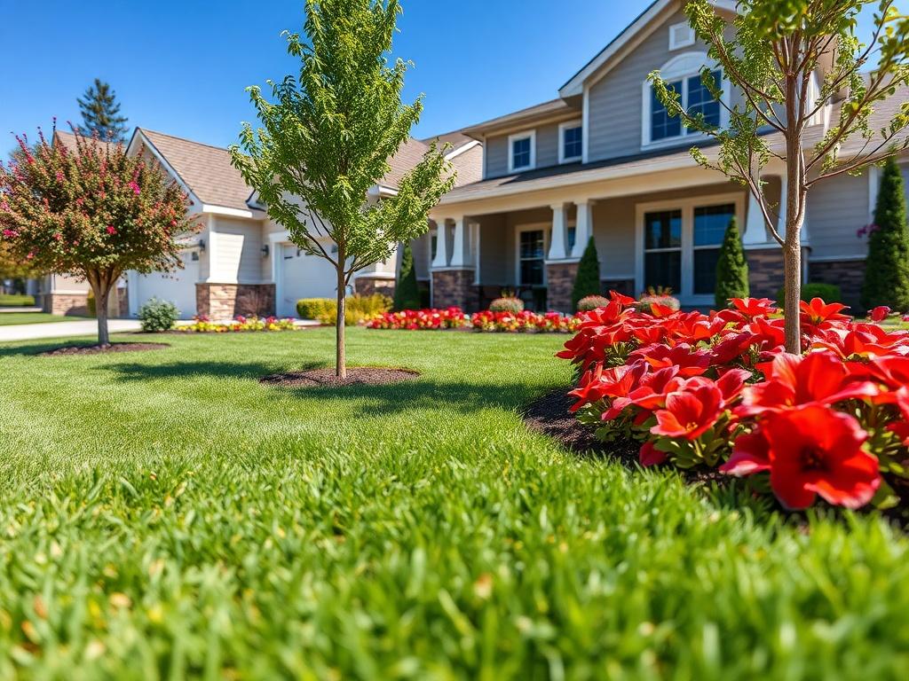 A close-up shot of a newly landscaped residential property, featuring fresh sod, newly planted trees, and neatly arranged flower beds. The background includes a clear blue sky and a well-maintained, modern home with a clean exterior. The focus should be on the vibrant green grass and colorful flowers, showcasing a polished finish that reflects professionalism and attention to detail.