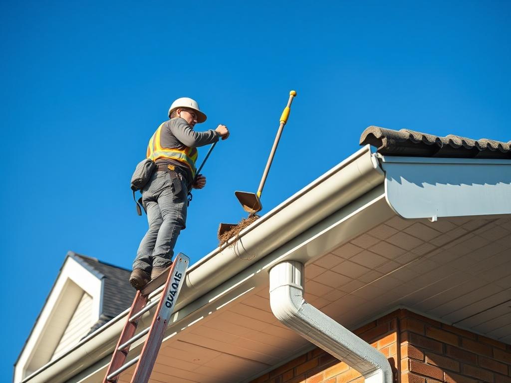 A realistic high-resolution photo of a person actively cleaning gutters on a roof. The individual is standing on a sturdy ladder, wearing safety gear, and using a scoop to remove debris from the gutter. The background shows a clear blue sky and a well-maintained house, highlighting the importance of home maintenance. The composition is simple and focused, with clear visibility of the person and the gutters being cleaned. The image should be compatible with the primary color rgb(4, 128, 50).