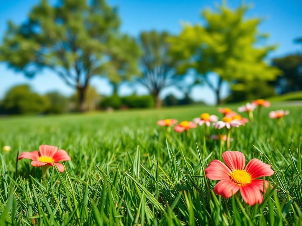 A close-up shot of a well-maintained lawn with lush green grass and vibrant flowers in a natural outdoor setting. The background features a clear blue sky and a few trees. The focus is on the healthy landscape, conveying a sense of trust and professionalism in exterior cleaning and lawn care. The image should be realistic, high-resolution, and shot with a 45mm f/1.2 lens style.