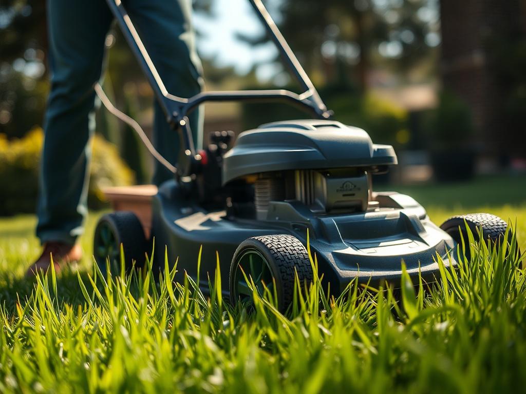 A hyper-realistic close-up image of a professional mowing a lush, green lawn with a modern mower, sunlight highlighting fresh grass blades, captured with a 45mm f/1.2 lens, featuring a subtle green color palette matching rgb(50, 170, 39).