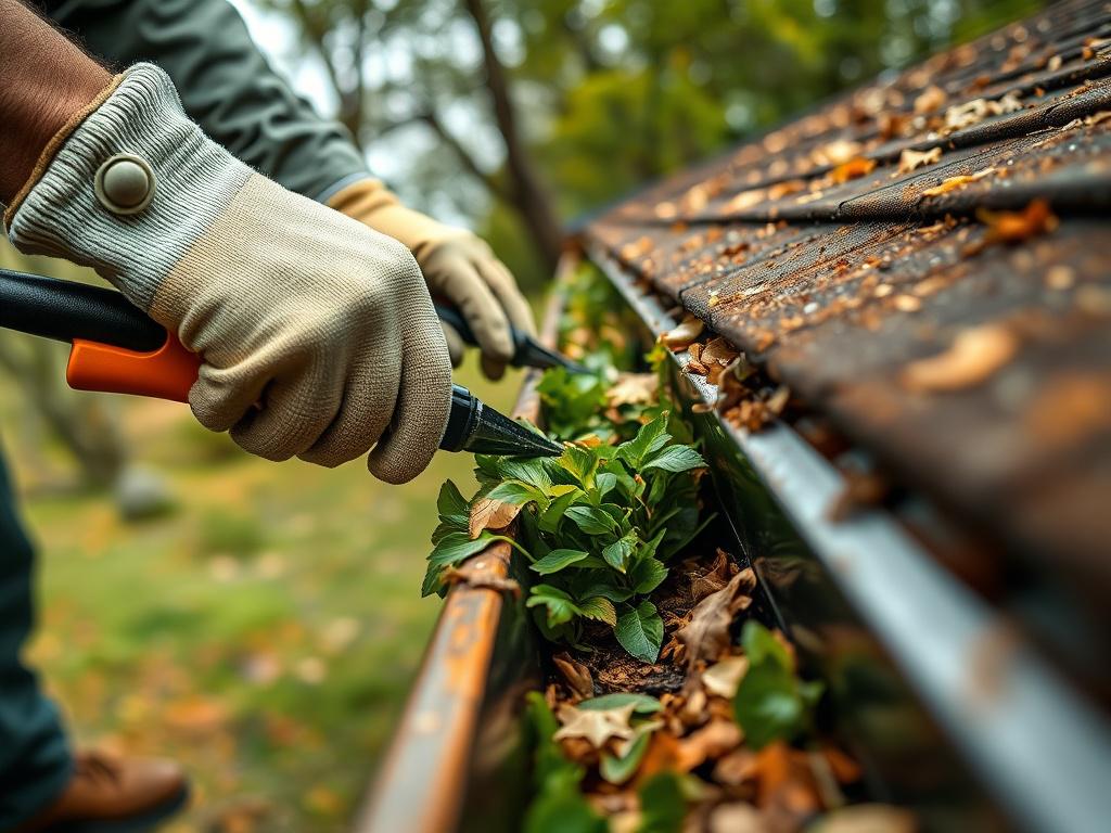 A detailed close-up of a professional cleaning a residential gutter filled with leaves, using gloves and tools, with a focus on the clear gutter channel, hyper-realistic photo taken with a 45mm f/1.2 lens, incorporating the rgb(50, 170, 39) green color theme.
