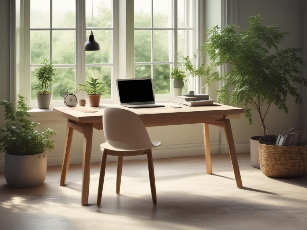 a serene workspace with a minimalist desk, soft lighting, and