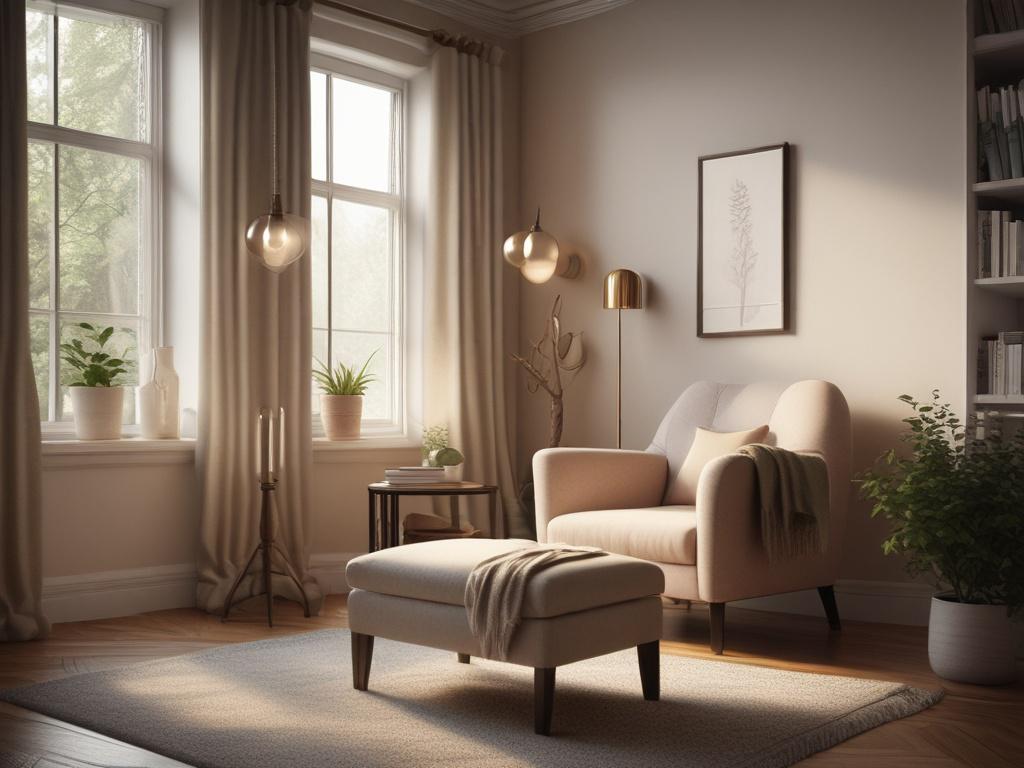 a cozy reading nook with soft lighting, a comfortable chair,