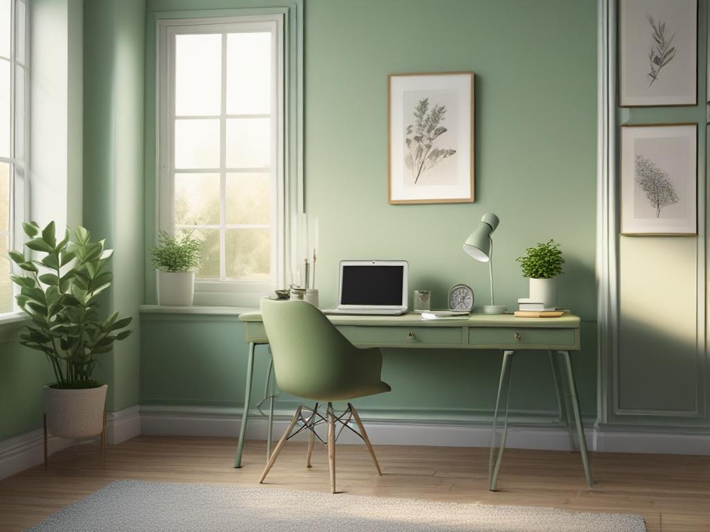 A serene workspace with a soft green color palette, featuring