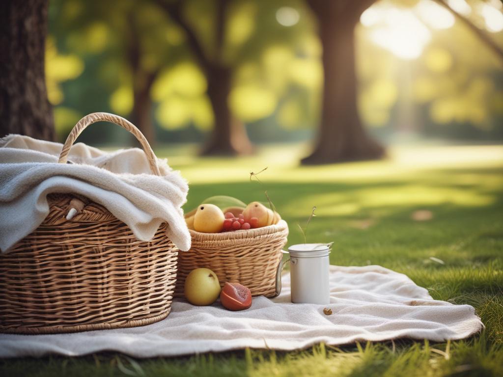a tranquil park scene with a picnic setup, soft sunlight