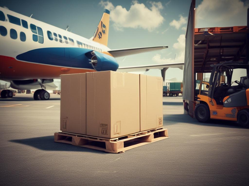 A realistic high-resolution photo of boxes on a pallet being moved by a forklift near a small aircraft at an airport. The scene captures the efficient loading or unloading of cargo, with the aircraft in the background. The forklift is in focus, showcasing its details, while the plane adds context to the aviation setting. The background is clear and unobtrusive, emphasizing the action of the forklift and the cargo.