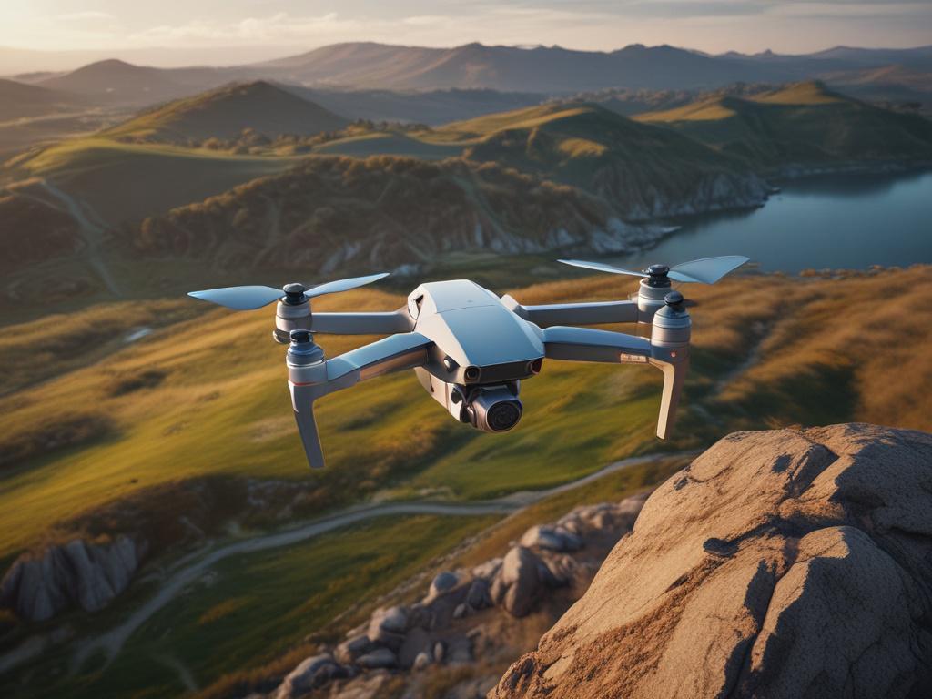 A DJI Mavic 3 Pro drone soaring above a picturesque landscape, capturing stunning aerial views. The drone is clearly focused in the foreground, showcasing its sleek design and advanced camera features. In the background, a vibrant blue sky meets lush green fields, with a hint of distant mountains on the horizon, emphasizing the drone's capability for breathtaking photography and videography.