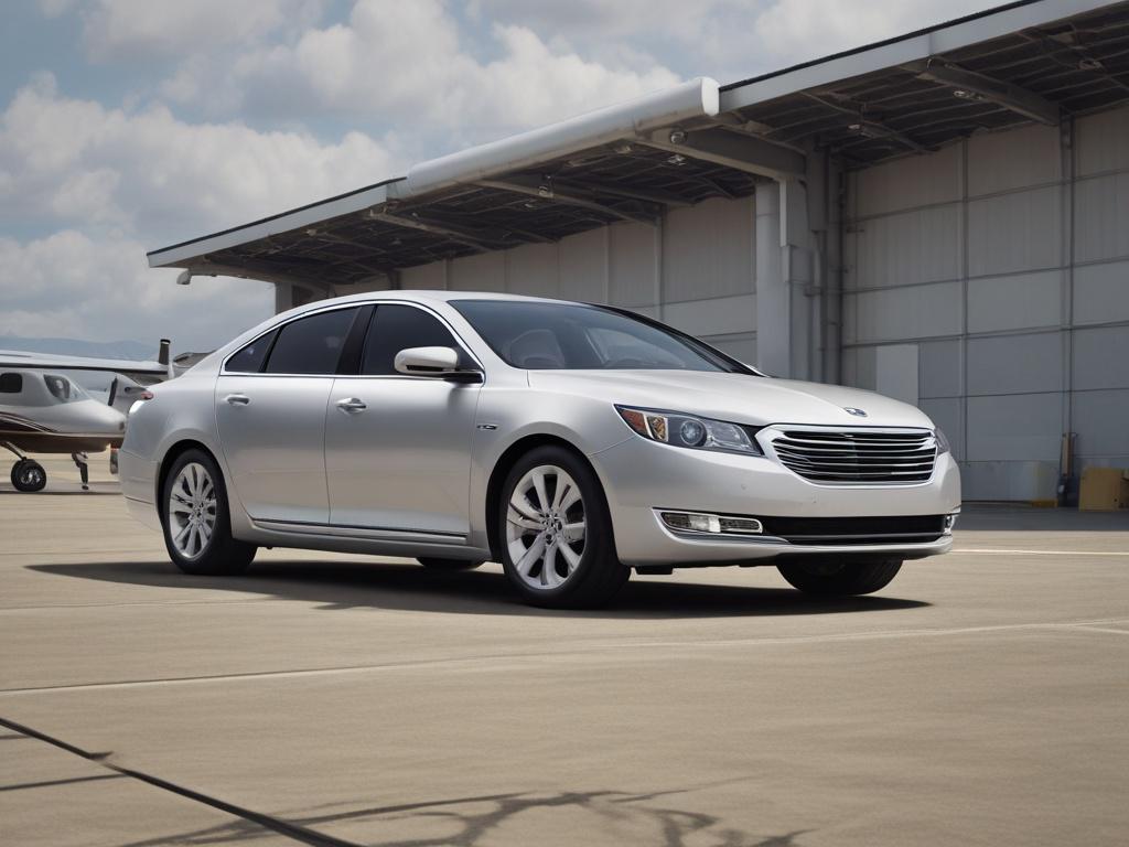 A modest sedan parked in front of a modern aviation hangar at Jamestown Regional Airport. The sedan is silver with a clean, sleek design, showcasing a professional and approachable vibe. In the background, the hangar is well-maintained with clear blue skies above. The focus is on the sedan, highlighting its value for both aviation professionals and visitors.