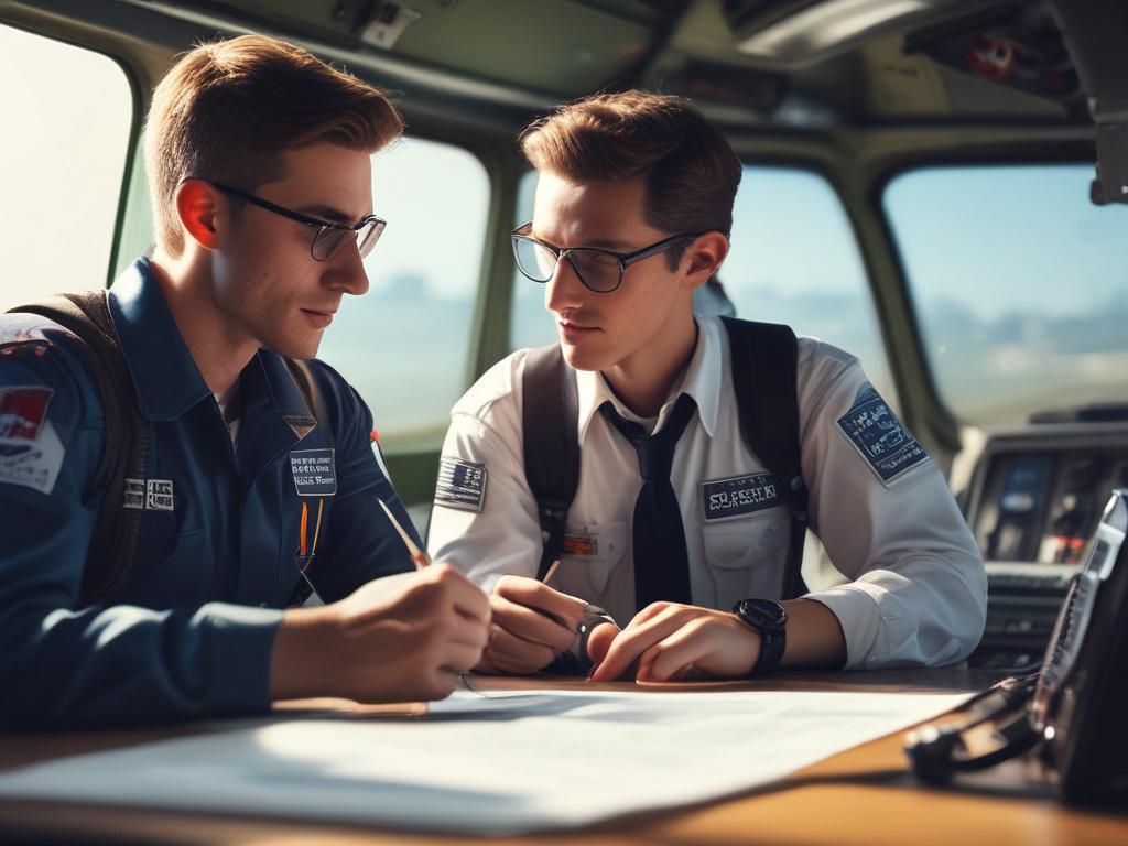 a flight instructor and student in an aircraft cockpit, reviewing