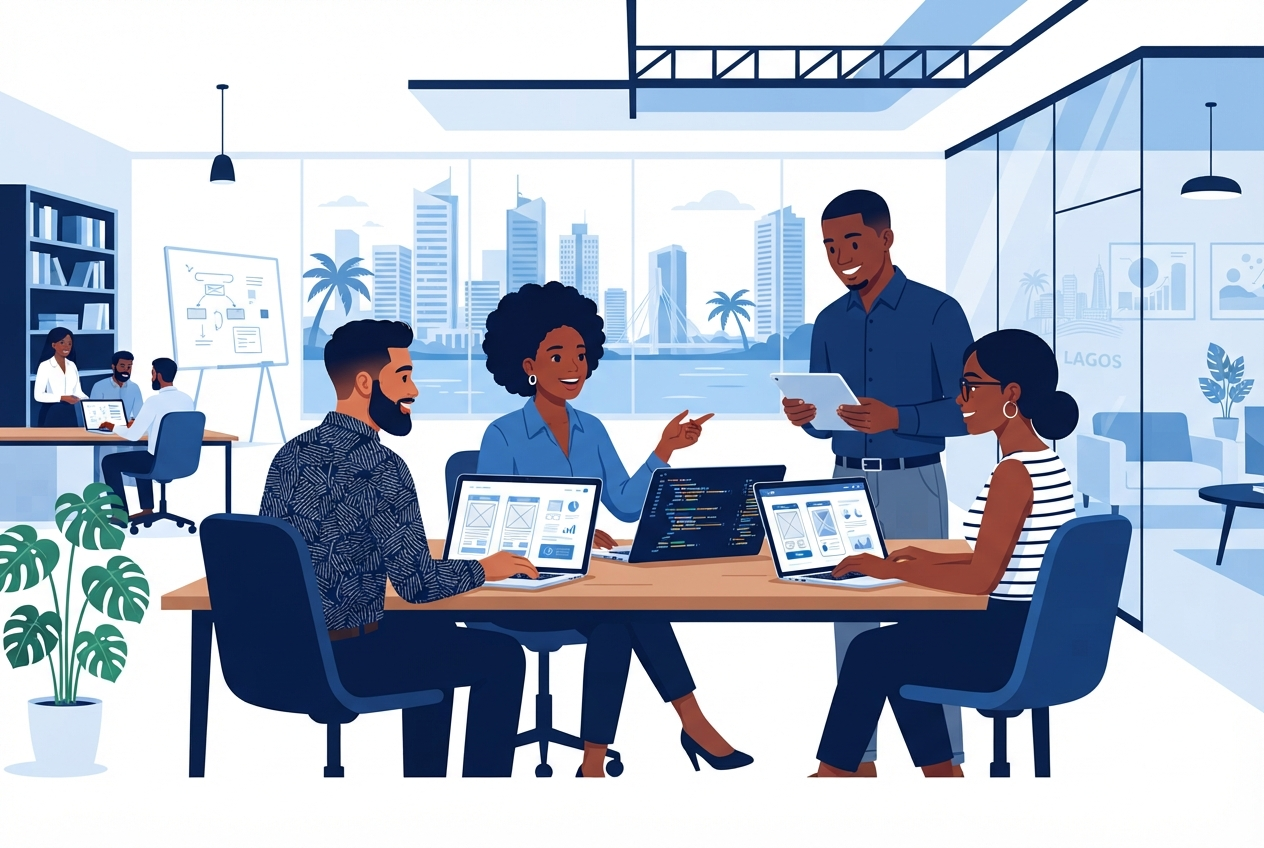 Illustration of tech professionals collaborating in a modern office in Lagos, Nigeria