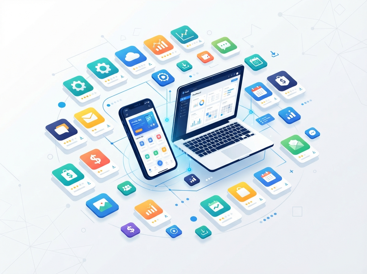 Illustration of a mobile app marketplace with app cards arranged around a smartphone and laptop