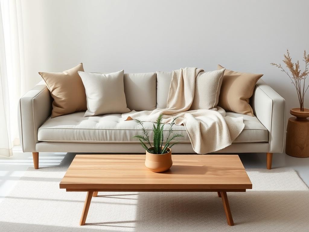 A serene, minimalist living room featuring the Hapsay Casa collection. The decor includes neutral-toned cushions, a soft beige throw blanket draped over a simple, elegant sofa. A natural wood coffee table sits in front, accented with a single green plant in a clay pot. The background is bright and airy, with soft natural light filtering through sheer curtains, showcasing the uncluttered design and warm textures.