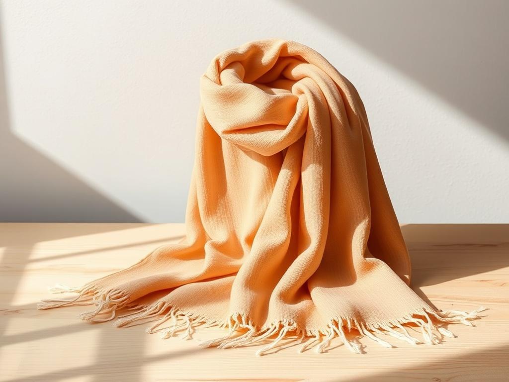 A chic scarf elegantly draped over a simple wooden surface,
