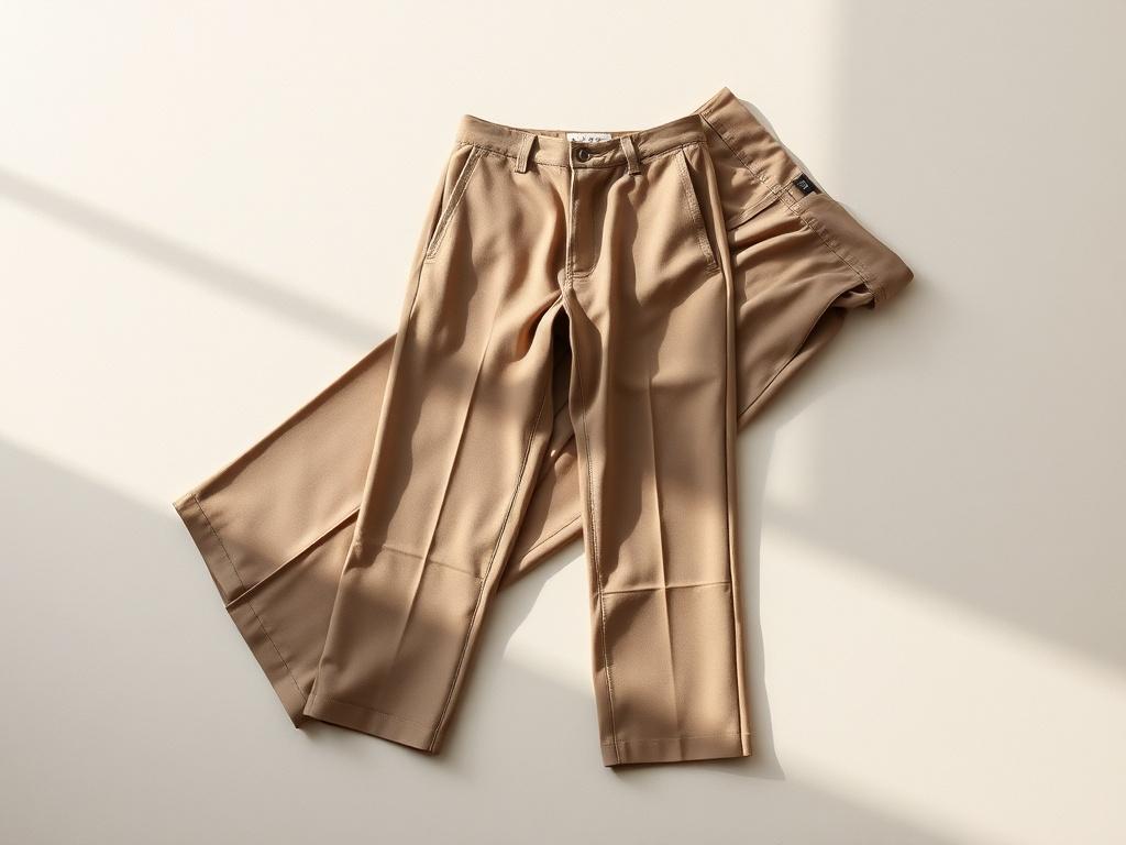 A pair of tailored trousers displayed on a neutral surface,