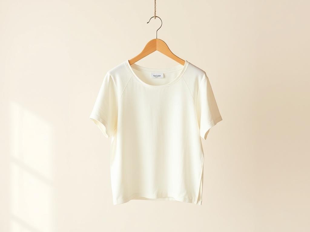 A minimalist top displayed on a simple hanger against a