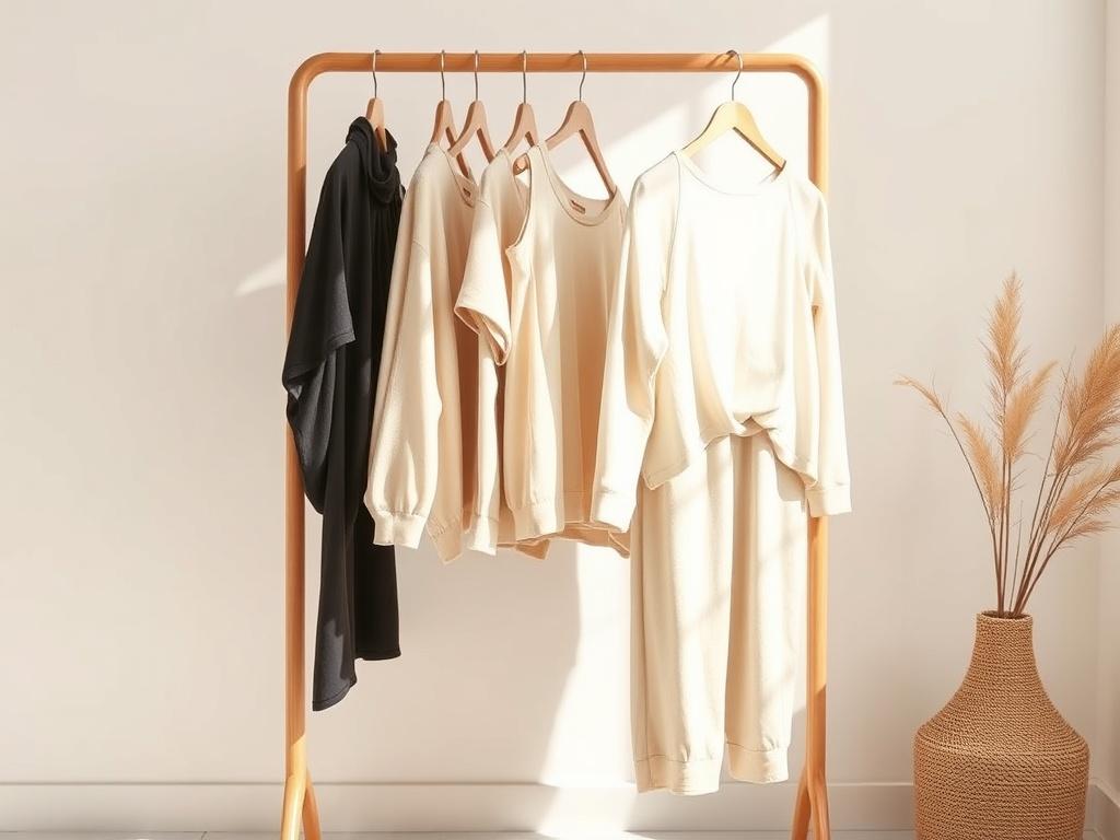 A minimalist clothing display featuring versatile pieces in neutral tones. The image should showcase a well-curated selection of tops and bottoms with clean lines, arranged neatly on a simple wooden rack. Soft natural light should illuminate the scene, highlighting the quality fabrics and textures, against a serene, light-colored background that enhances the warm, inviting atmosphere.