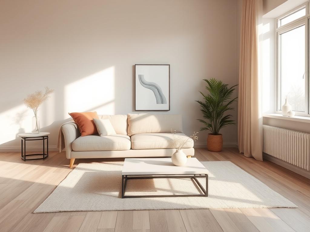 A serene and minimalist living space featuring a single stylish