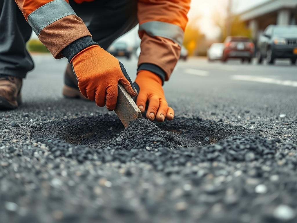 A close up shot of a technician repairing a pothole