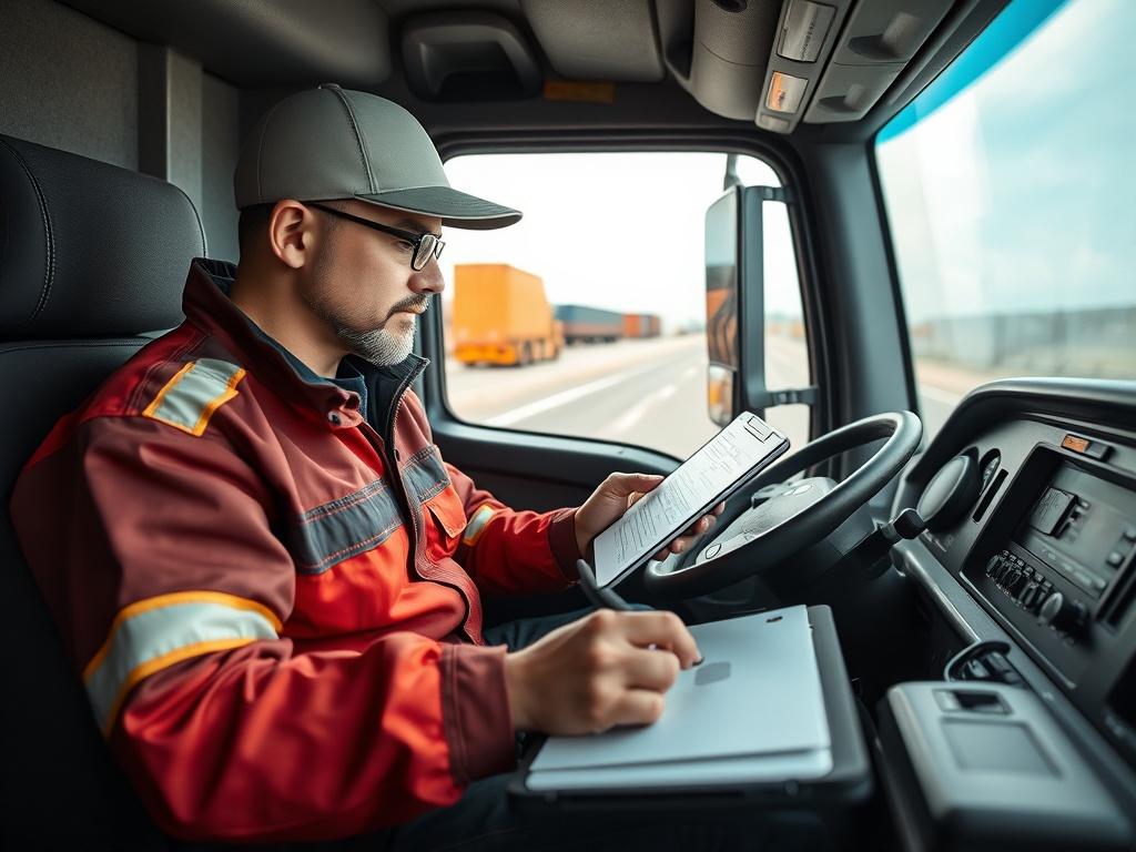 A close-up shot of a professional truck driver filling out a detailed form on a tablet, sitting inside a truck cab. The background shows the interior of the truck, well-organized with logistics equipment and a clear view of the road ahead through the windshield. The image captures the essence of professionalism and efficiency in freight dispatch. The color scheme should include the primary color rgb(29, 198, 181) subtly in the truck's interior design.