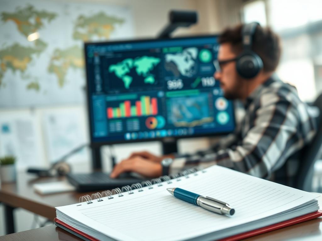 A high-resolution, hyper-realistic close-up shot of a freight dispatcher at work. The dispatcher is sitting at a desk, focused on a computer screen filled with logistics software. In the foreground, there's a notepad with notes and a pen, symbolizing organization and support. The background is softly blurred but suggests a busy office environment with logistics maps and charts on the walls. The primary color theme includes shades of teal (rgb(29, 198, 181)), conveying a sense of professionalism and efficien