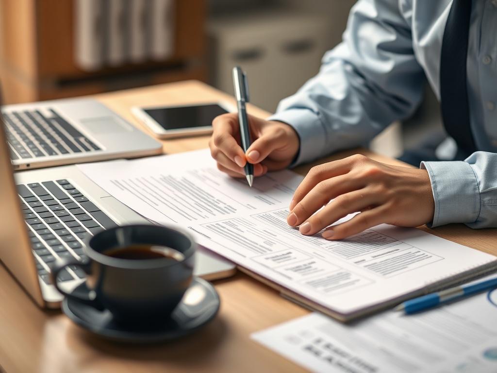 A close-up shot of a logistics professional reviewing documents on a desk. The scene shows a well-organized workspace with a laptop, notepad, and a cup of coffee. The focus is on the individual's hands as they highlight important details in the paperwork. The background is softly blurred, emphasizing the subject while maintaining a professional atmosphere. The primary color is rgb(29, 198, 181), creating a calming yet vibrant environment.