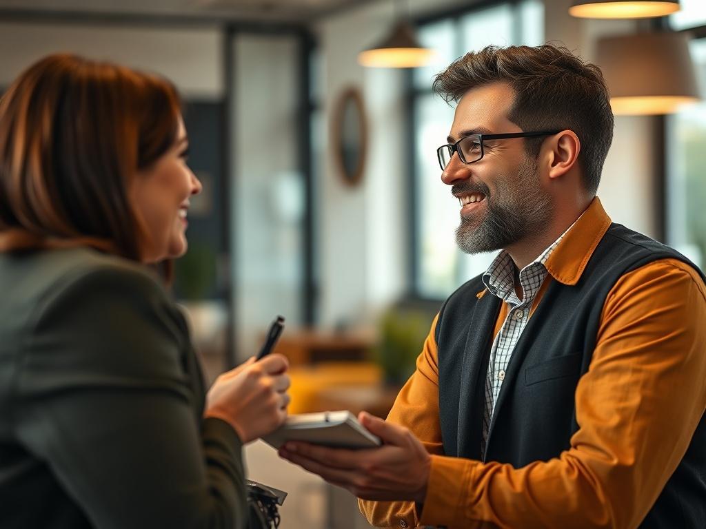 A close-up shot of a friendly logistics consultant engaging in a follow-up conversation with an owner-operator carrier. The background is softly blurred, showcasing an inviting office environment with a warm, professional atmosphere. The consultant is smiling, holding a pen and a notepad, actively listening while the carrier shares their thoughts. The image should be captured using a 45mm f/1.2 lens style, with vibrant colors reflecting the primary color rgb(29, 198, 181).