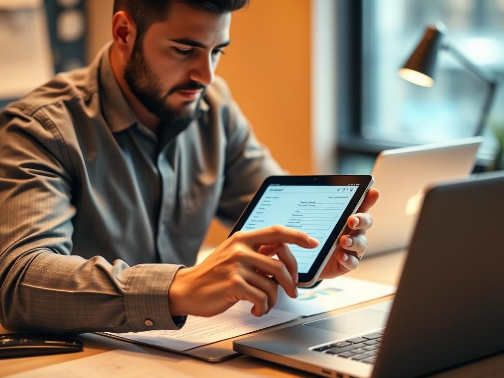 A close-up shot of a professional looking at a tablet with a carrier information form on the screen. The individual is seated at a desk with a laptop and paperwork around them, conveying a sense of organization and readiness. The background should be blurred to emphasize the subject, while warm lighting creates an inviting atmosphere. The scene should reflect a modern office environment with a focus on the tablet.