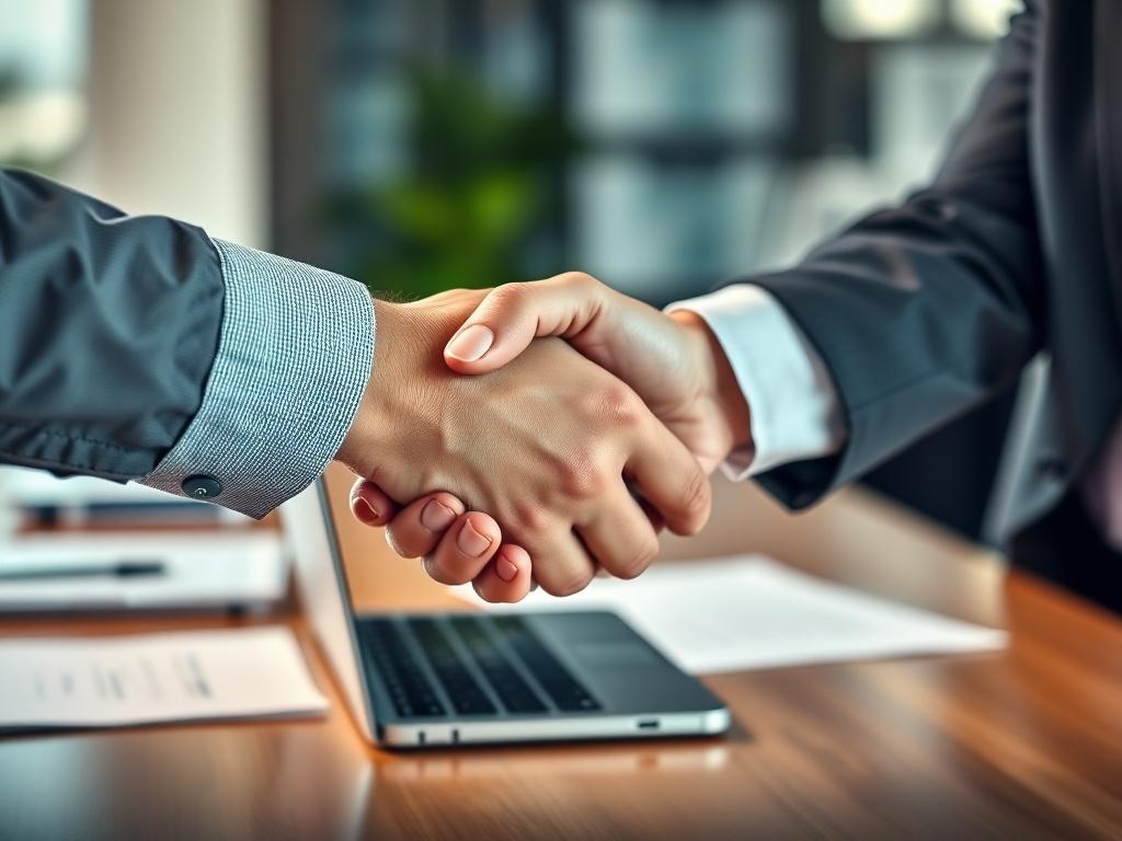 A close-up shot of two hands engaged in a handshake, set in a corporate business meeting environment. The background should feature a blurred table with documents and a laptop, indicating a professional atmosphere. The hands should be in focus, showcasing a firm handshake, symbolizing partnership and collaboration. The lighting should be soft and warm, enhancing the sense of trust and professionalism.