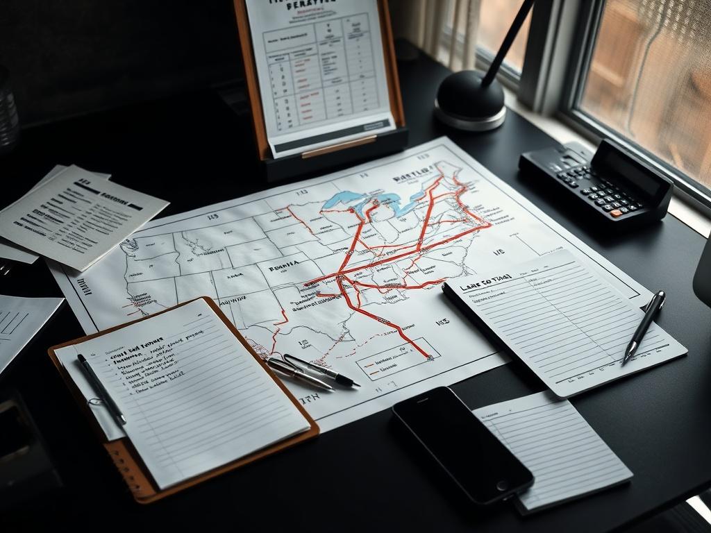 A realistic, high-quality photograph of a freight planning workspace with no people present. The scene features a large printed U.S. highway map spread across a desk, with routes highlighted and marked with handwritten notes including mileage, pickup cities, and delivery zones. Nearby, there is a clipboard holding a rate confirmation, a notebook with lane planning notes, a calculator, a dispatch log sheet, and a smartphone lying face-down with a missed call notification visible. The environment is organized