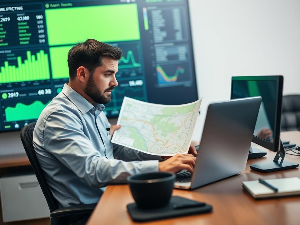 A close-up shot of a professional dispatch manager at a desk, analyzing a map and using a laptop to plan routes for trucks. The background features a digital screen displaying route efficiency metrics. The overall composition should be simple and clear, highlighting the focus on strategic load planning and dispatch management. The image should capture a realistic and focused work environment, with a vibrant green color (rgb(50, 170, 39)) subtly integrated into the scene.
