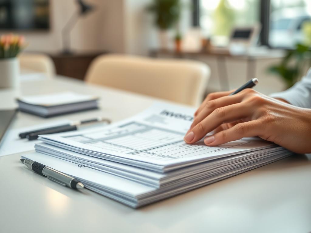 A close-up shot of a hands-on desk workspace featuring a well-organized stack of load documentation papers, an invoice template, and a pen. The background is a softly blurred office setting with natural light streaming in, creating a warm and inviting atmosphere. The focus is on the documents, showcasing professionalism and efficiency in freight operations.