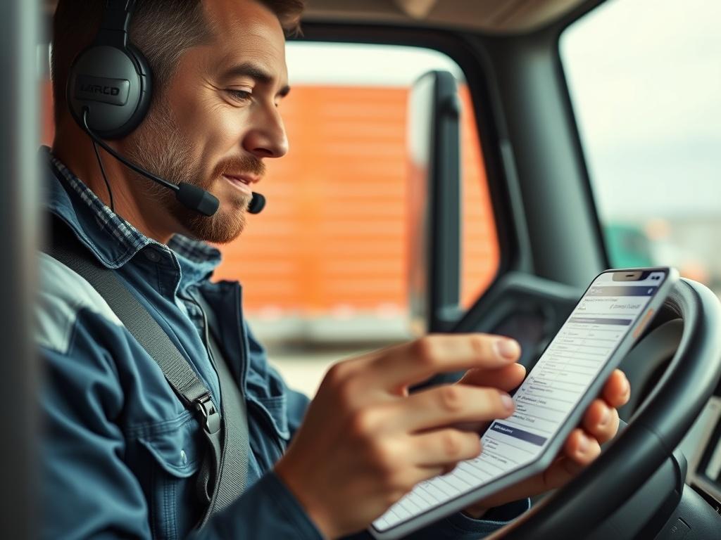A close-up shot of a truck driver reviewing a customized dispatch preferences form on a smartphone, with a confident look. The setting suggests an outdoor view of freight transportation, emphasizing the logistics industry. The color scheme reflects rgb(29, 198, 181).