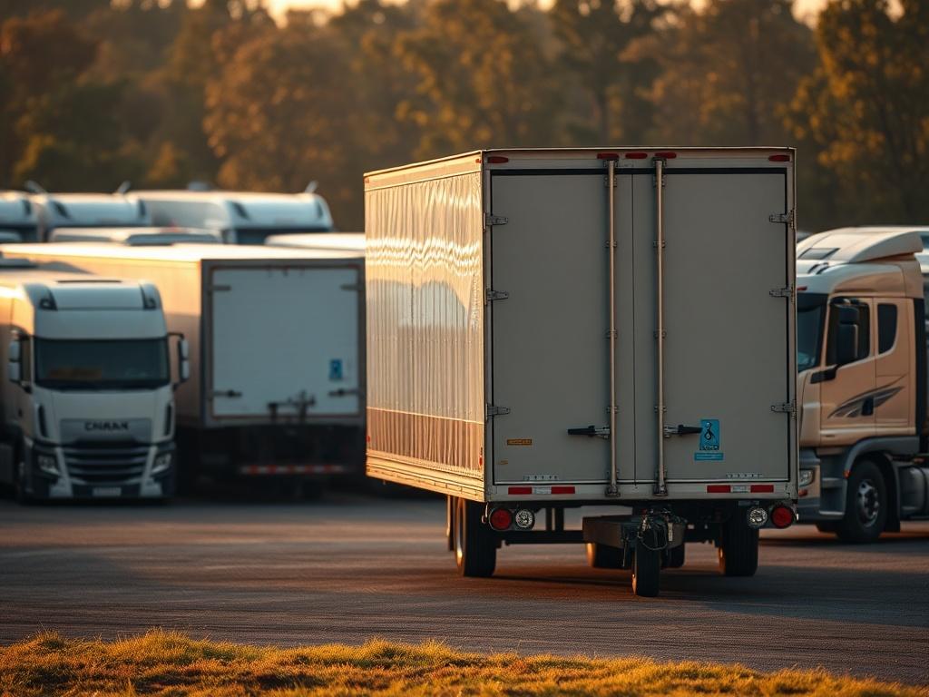 A high-resolution image of a well-organized truck yard showcasing various trailer types. The scene should capture soft lighting, with a serene atmosphere, emphasizing the diversity of equipment available. The focus should be on a single trailer equipped with securement features, highlighting safety and operational readiness. The background should include trees or open fields to create a peaceful setting.