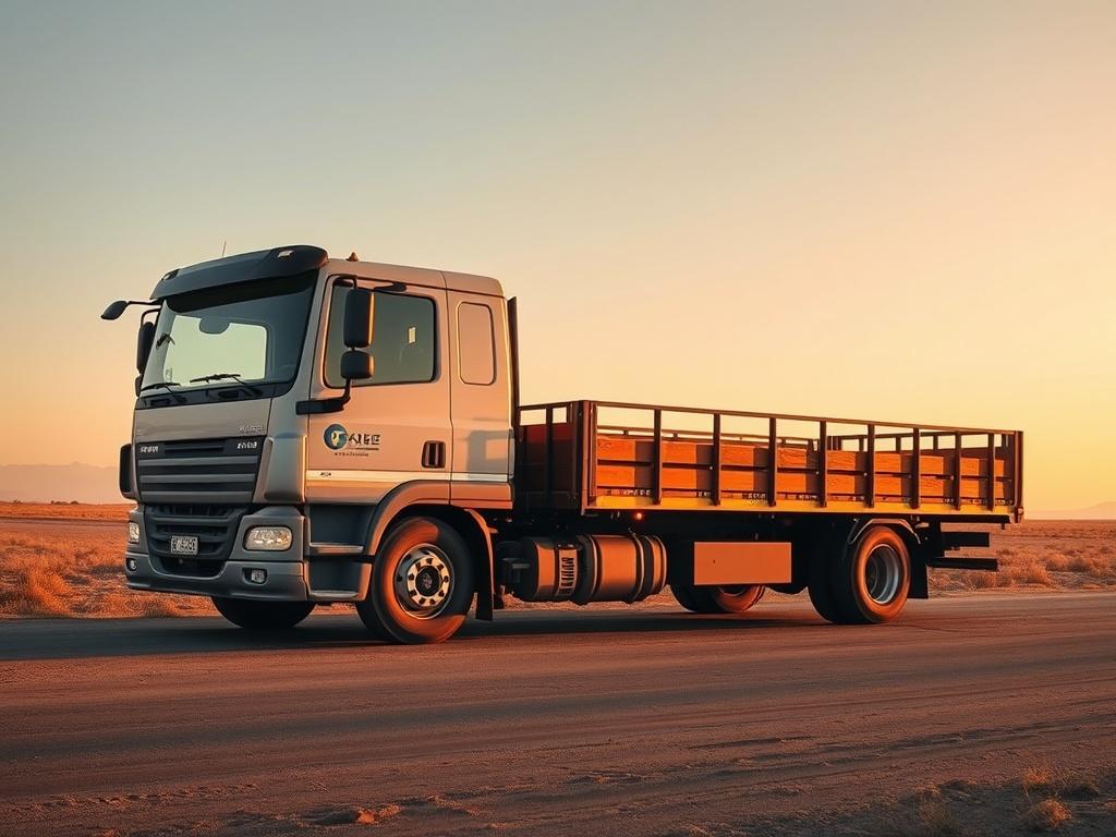 A high-resolution image of a flatbed truck parked with a clear sky in the background. The truck displays logos on its side and is surrounded by open land, symbolizing freedom and opportunity. Soft golden hues illuminate the scene, creating a calm and peaceful atmosphere. The composition should focus on the truck as the central subject, representing the logistics industry in action.