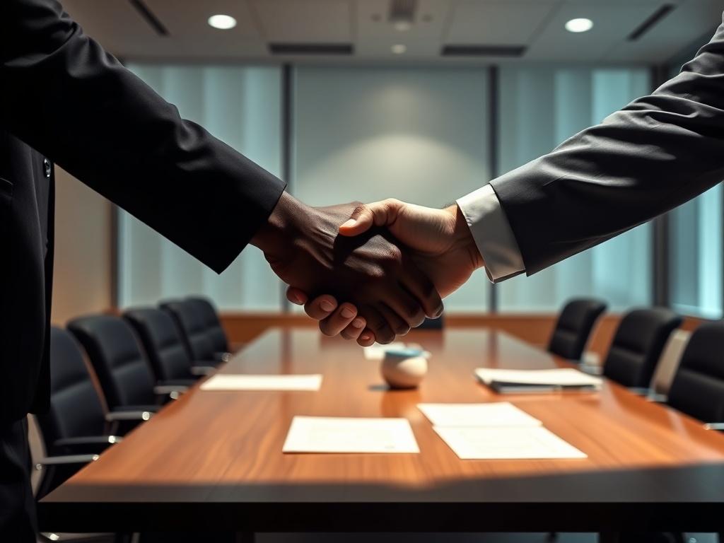 A pair of hands engaged in a handshake, one African American and one Caucasian, in a business meeting setting. The background features a modern conference room with a polished wooden table, soft lighting, and a subtle display of business documents. The focus is on the hands, symbolizing collaboration and partnership.