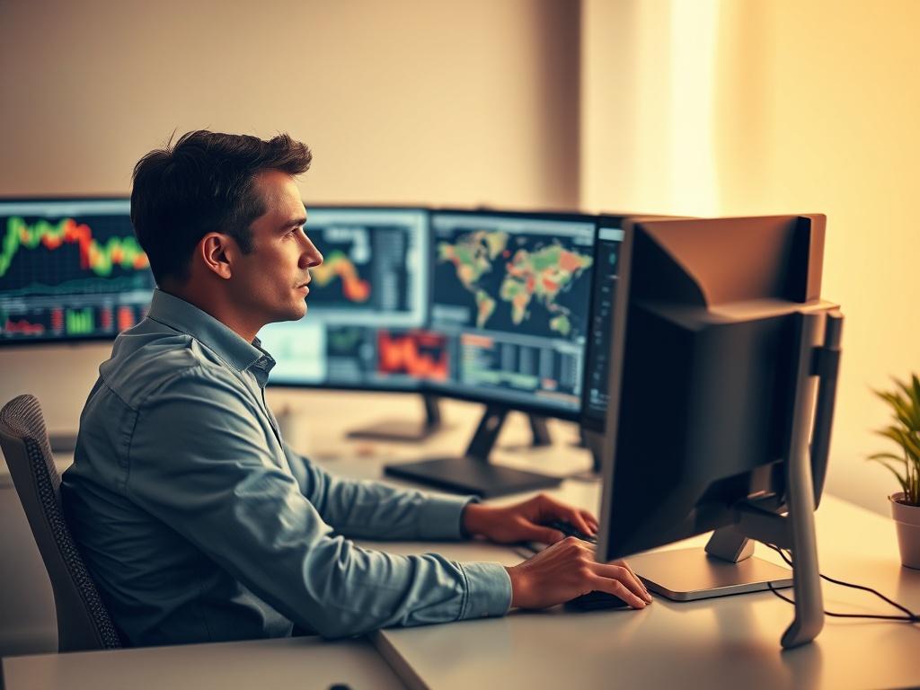 A documentary-style image of a freight professional analyzing market conditions on a computer. The individual is sitting at a clean, modern desk, with multiple monitors displaying charts and routing maps in the background, slightly out of focus. The professional has a serious and concentrated posture, reflecting dedication and focus. The environment is well-organized and minimalistic, with soft, golden hues and serene lighting, creating a calm atmosphere.